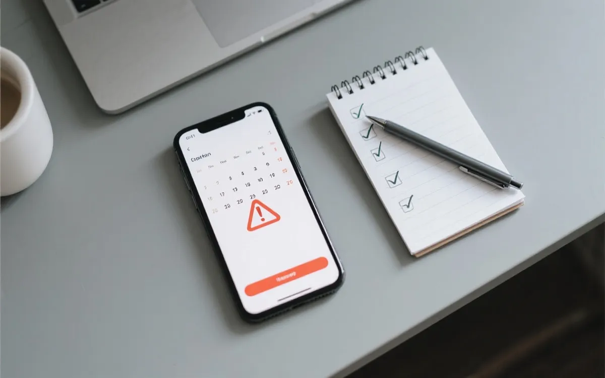 桌面上有手机与笔记本，屏幕显示警告符号与票务日程，冷静检查信息的氛围