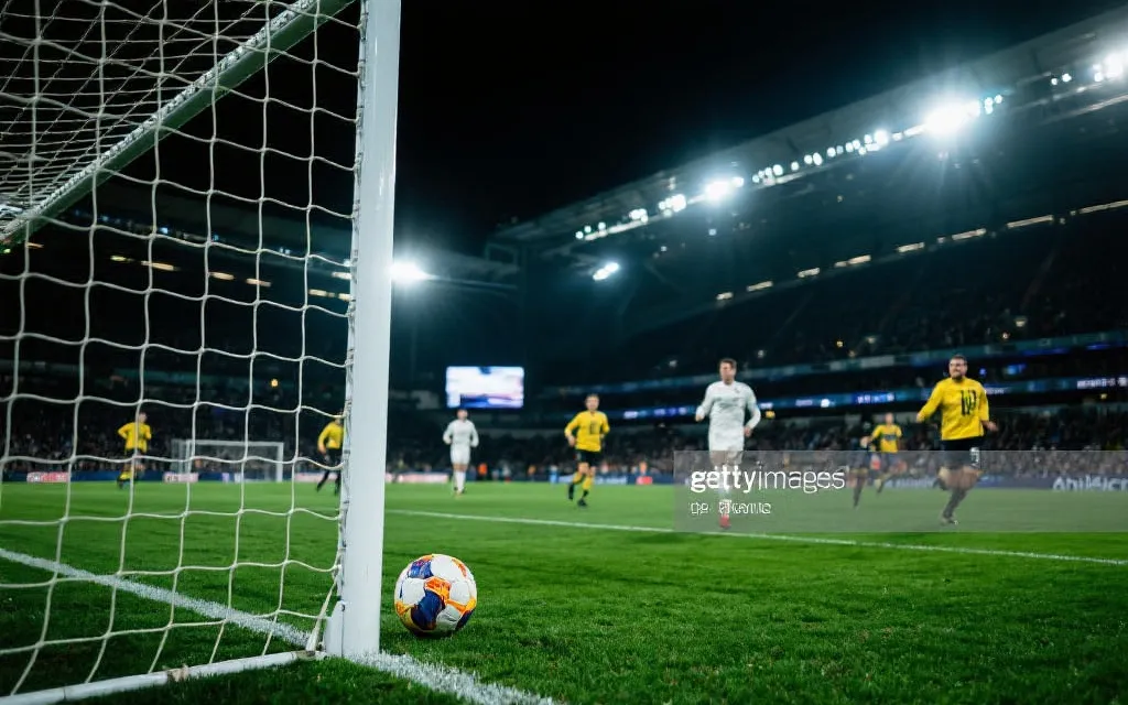 角球进攻瞬间：前点掩护、点球点冲刺、后点包抄的层次画面